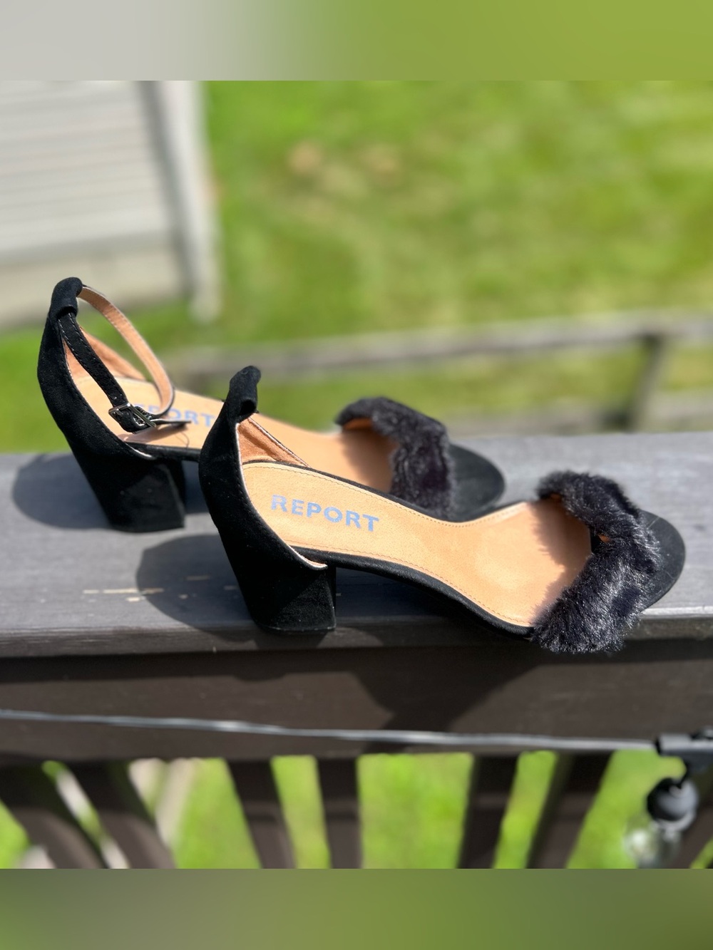 Report Black Faux Fur Block Heel Sandals with Ankle Strap